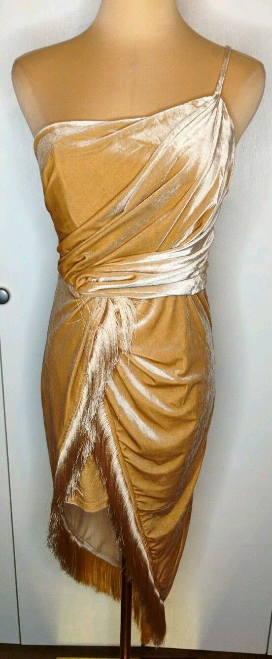 Do+Be NWT Gold Velvet One Shoulder Fringe Hem Midi Dress Sz M Lined Zip